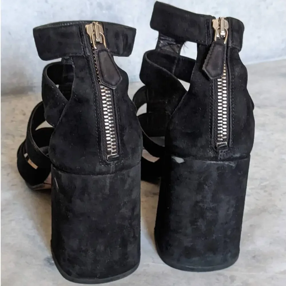 Prada Suede Gladiator Block Heel Sandals in Black, Size 9
